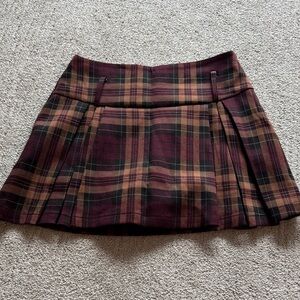 Commense Burgundy and Brown Plaid Pleated Mini Skirt with inner Skort